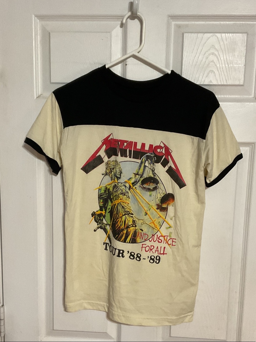 Ringer Tee - Black and Cream Metallica justice for all tour shirt 88-89 small